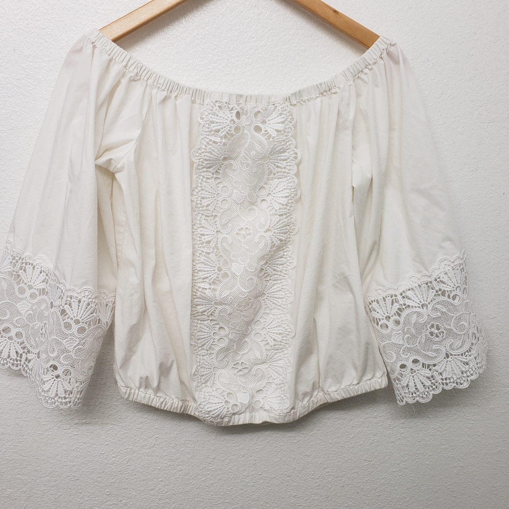 Express Off the Shoulder Eyelet Boho Crop Blouse Size L (fits between L and XL).